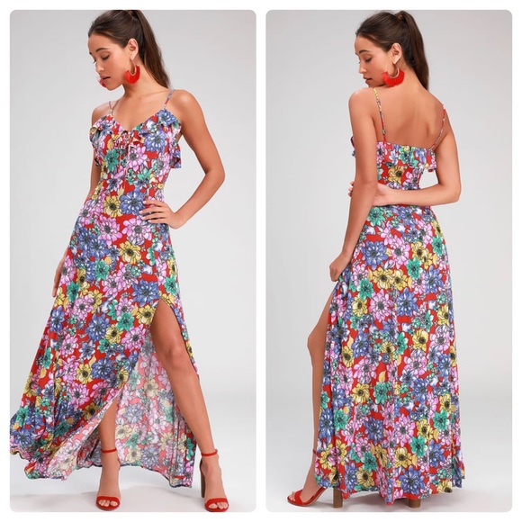 Lulus Dresses & Skirts - Lulus DYNAH RED FLORAL PRINT SLEEVELESS MAXI DRESS